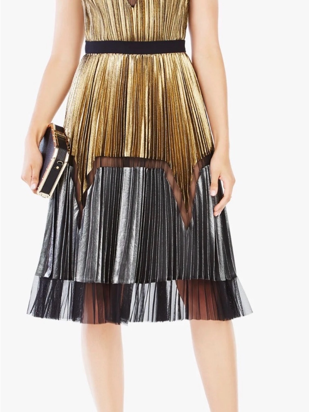 BCBGMaxAzria Metallic Gold and Silver Pleated Midi Dress - Picture 14 of 16